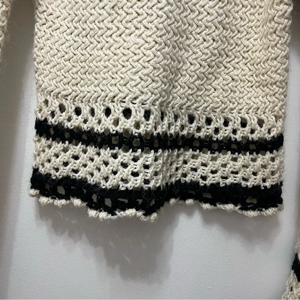 Mango Ruffle Flare Sleeve Sweater Open Knit Cream Black XS Crewneck Pullover - Picture 6 of 11